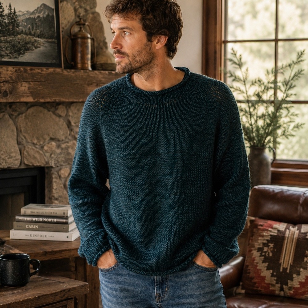 American South Side Alpaca Wool Sweater L Teal Marled Knit Made in Peru